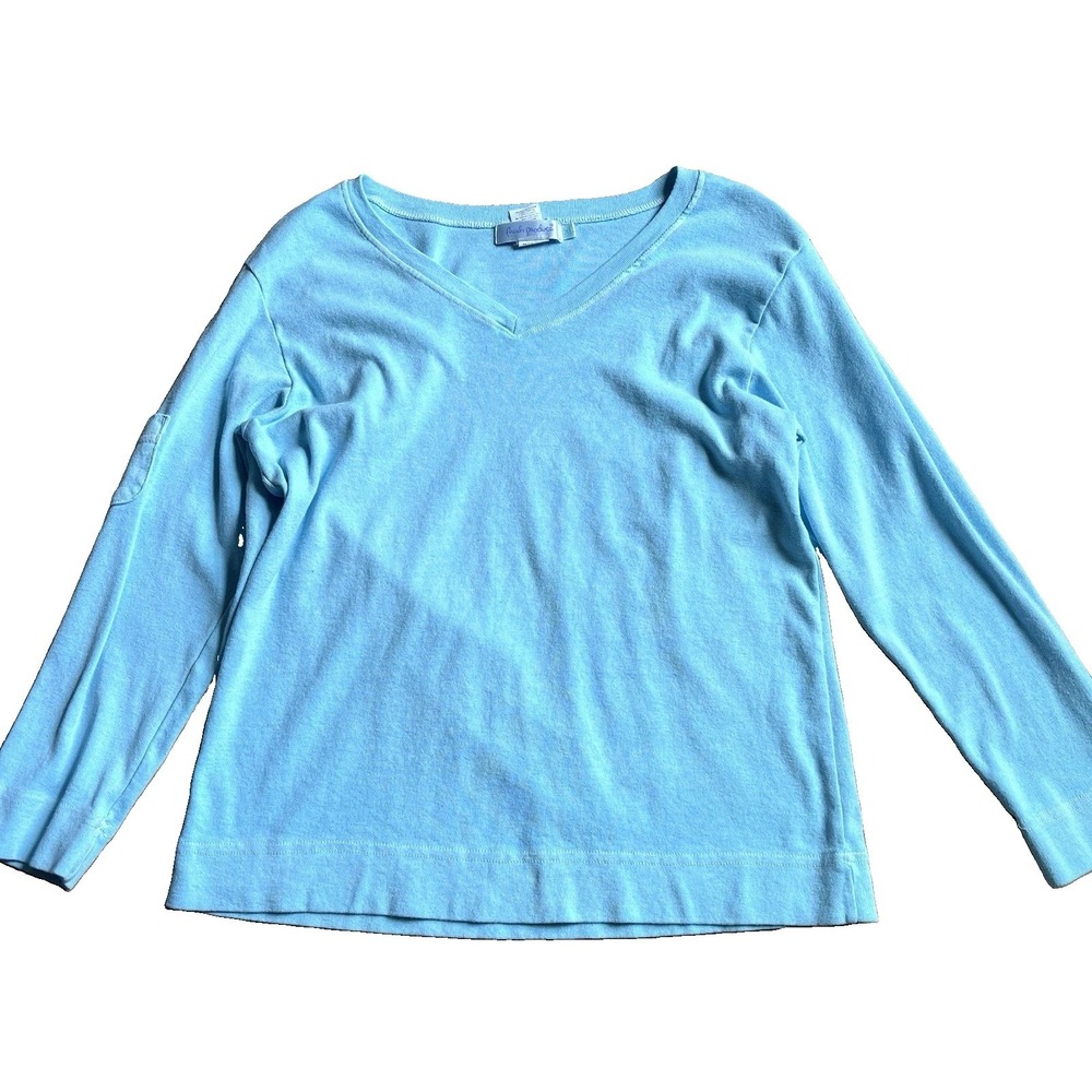 Fresh Produce XL Women's Aqua V-Neck Long Sleeve top Pocket Coastal Beach Cotton